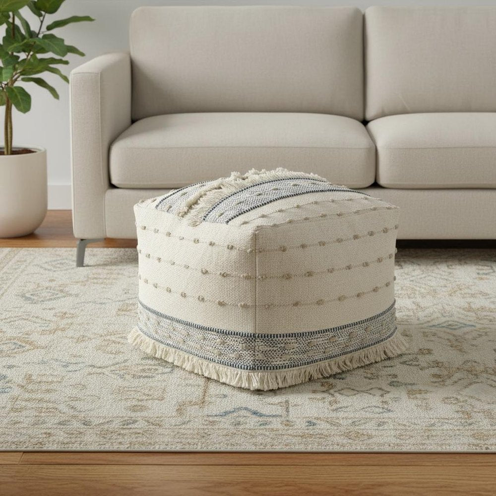 Ivory and Navy Blue Cotton and Wool Striped Pouf Ottoman - 18-inch