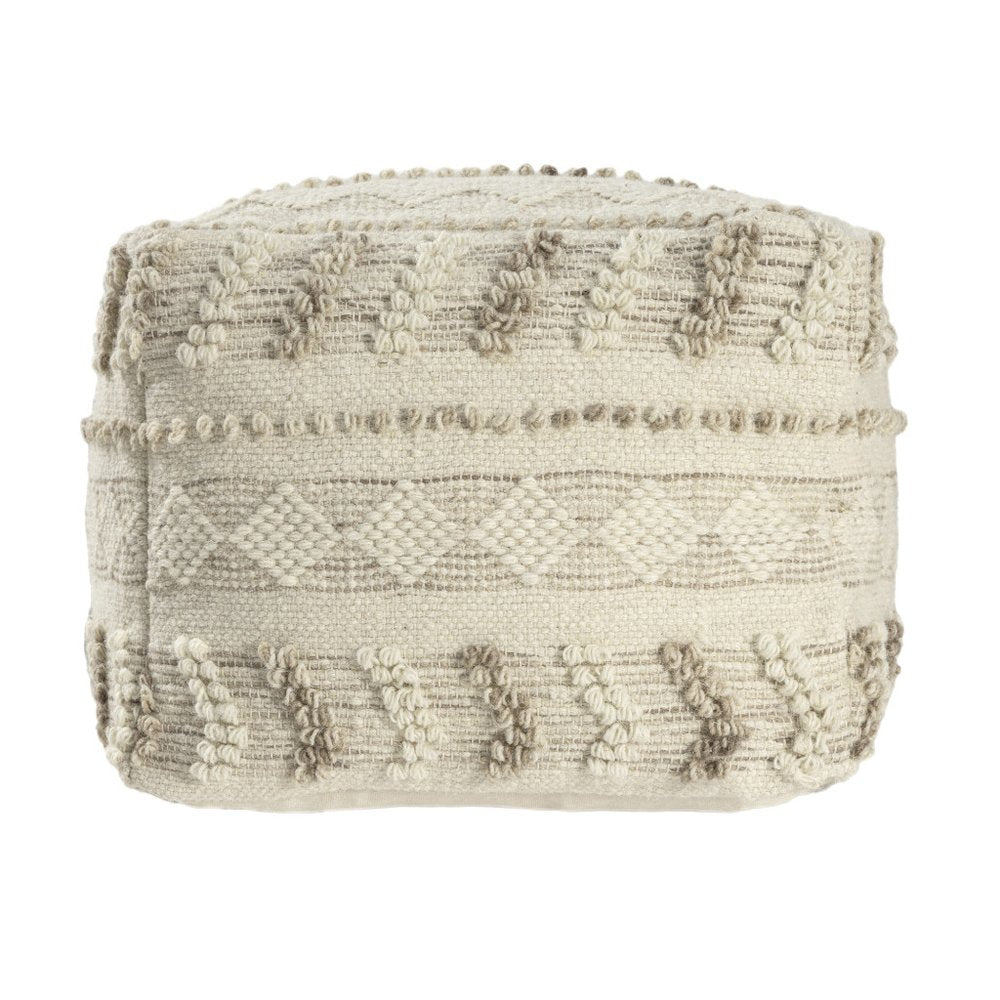 Ivory and Natural Cotton and Wool Striped Pouf Ottoman - 18-inch