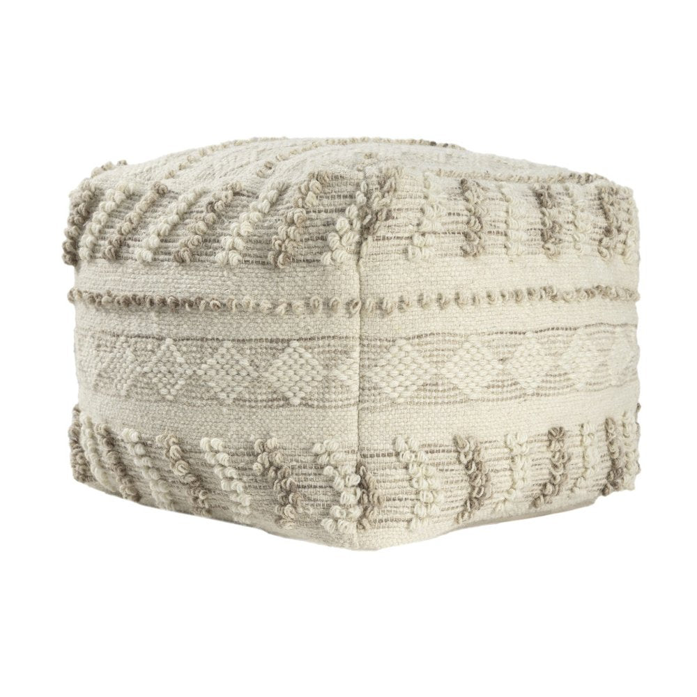 Ivory and Natural Cotton and Wool Striped Pouf Ottoman - 18-inch