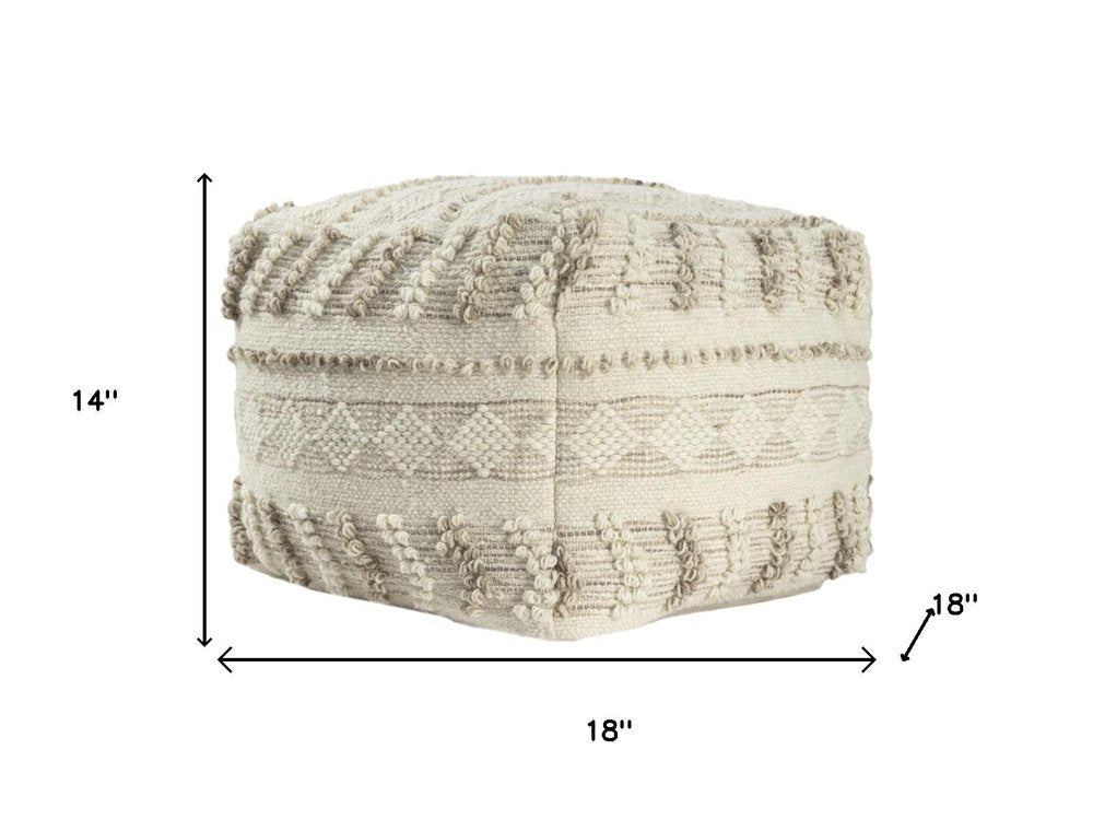 Ivory and Natural Cotton and Wool Striped Pouf Ottoman - 18-inch