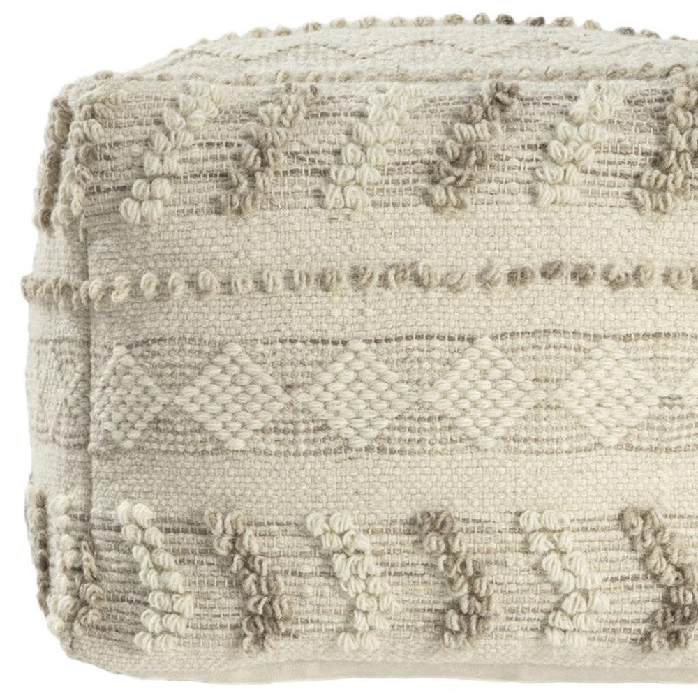 Ivory and Natural Cotton and Wool Striped Pouf Ottoman - 18-inch