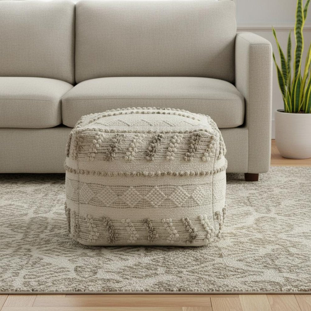 Ivory and Natural Cotton and Wool Striped Pouf Ottoman - 18-inch