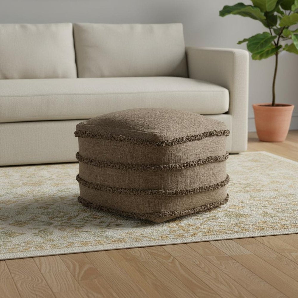 Brown Cotton Striped Pouf Ottoman - 18-inch