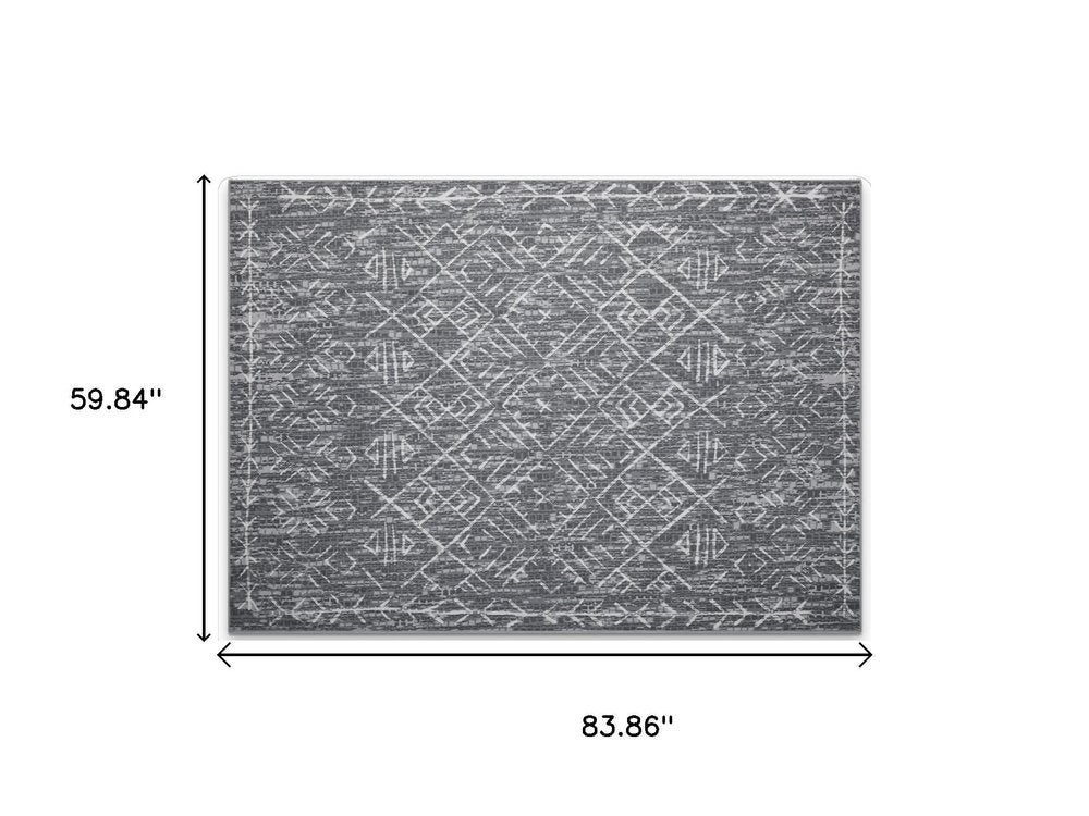 5' X 7' Dark Gray and Off White Geometric Distressed Area Rug