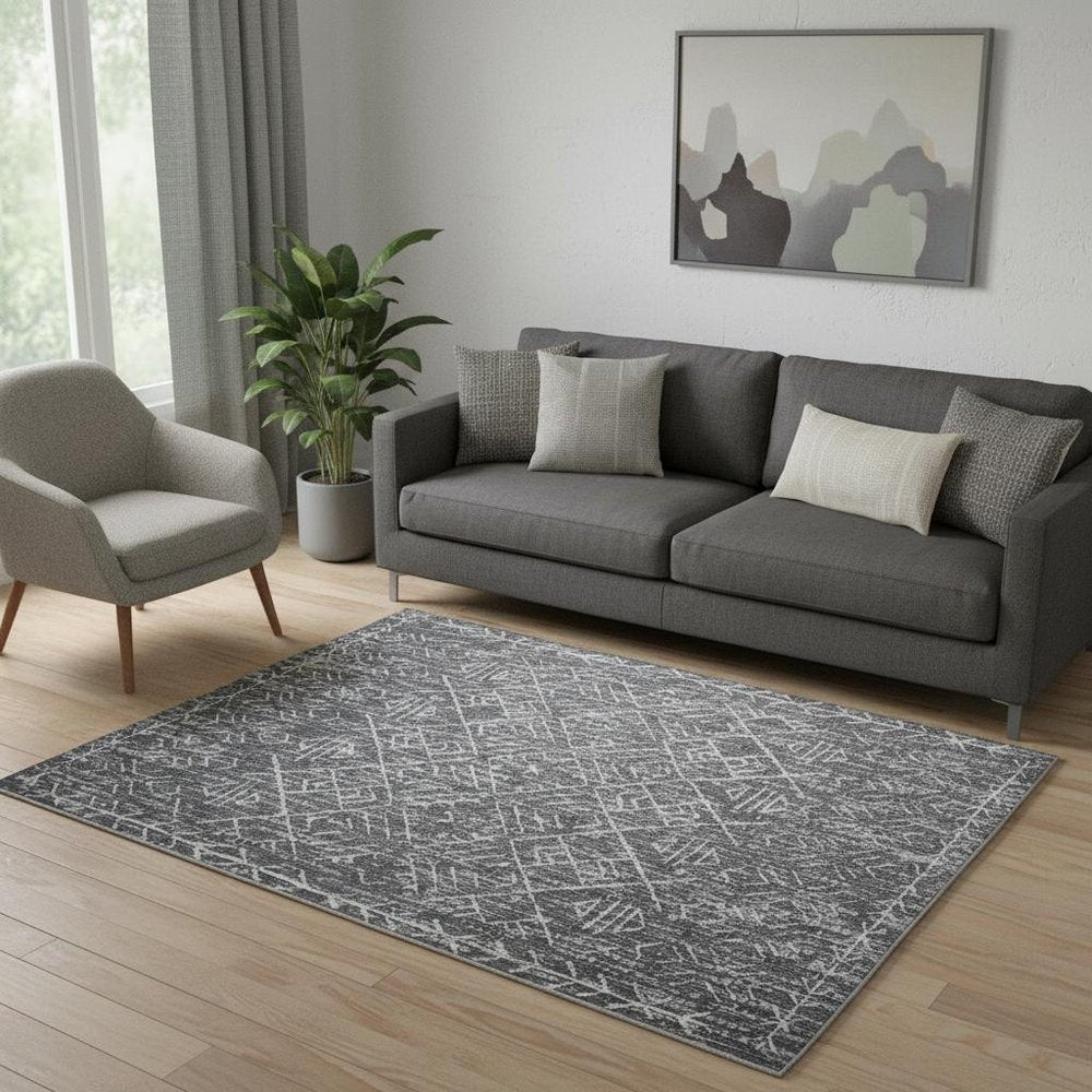 5' X 7' Dark Gray and Off White Geometric Distressed Area Rug