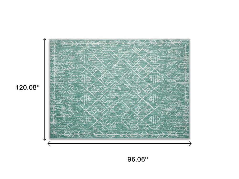 8' X 10' Green and Off White Geometric Distressed Area Rug
