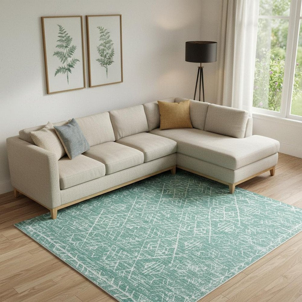 8' X 10' Green and Off White Geometric Distressed Area Rug