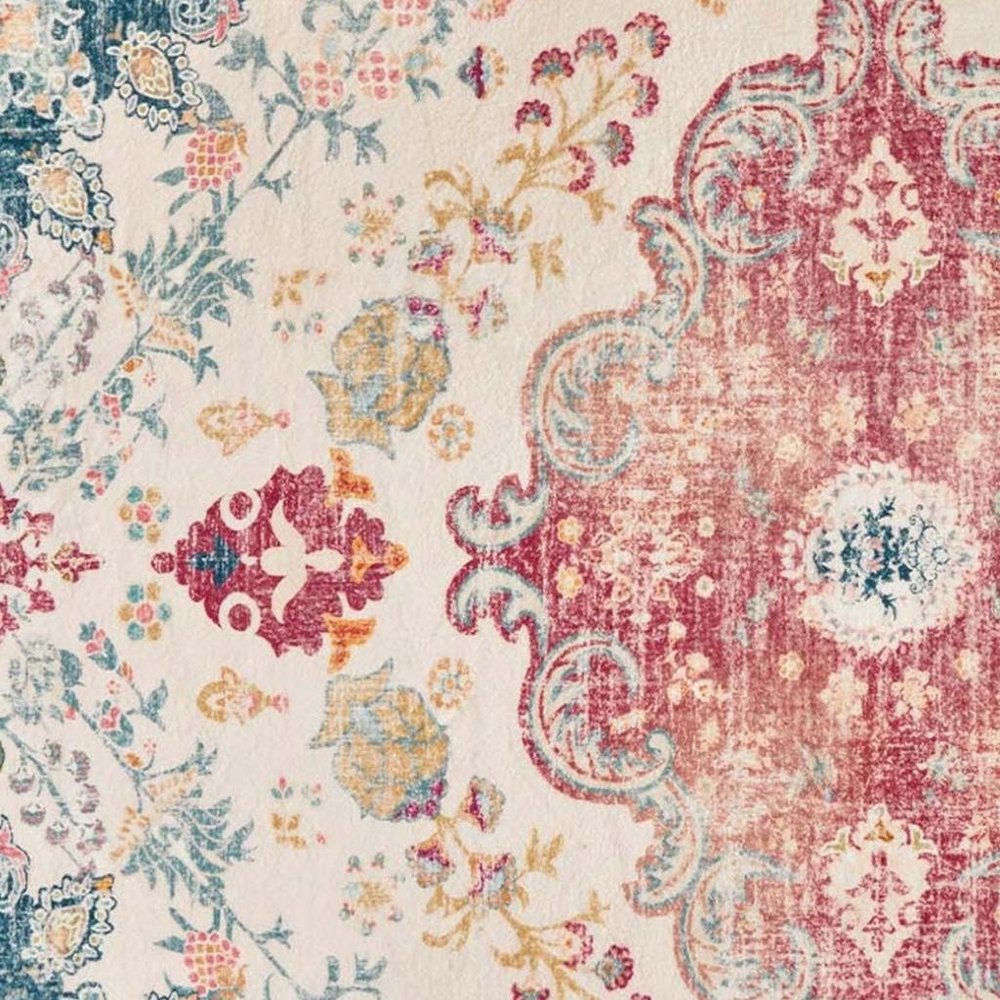 8' X 10' Teal Pink and Ivory Medallion Distressed Area Rug