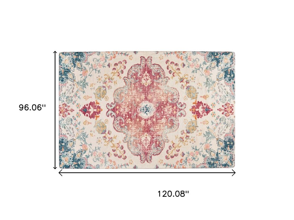 8' X 10' Teal Pink and Ivory Medallion Distressed Area Rug