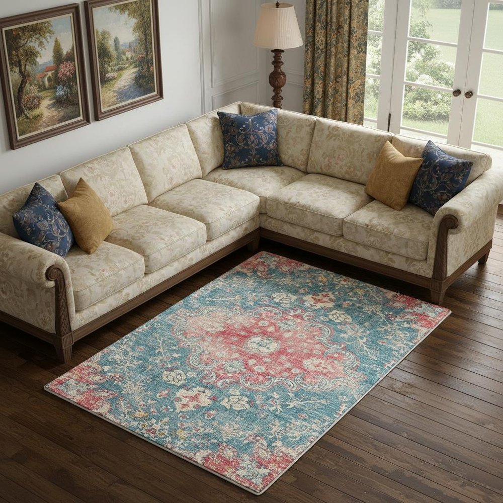 8' X 10' Blue Pink and Ivory Medallion Distressed Area Rug