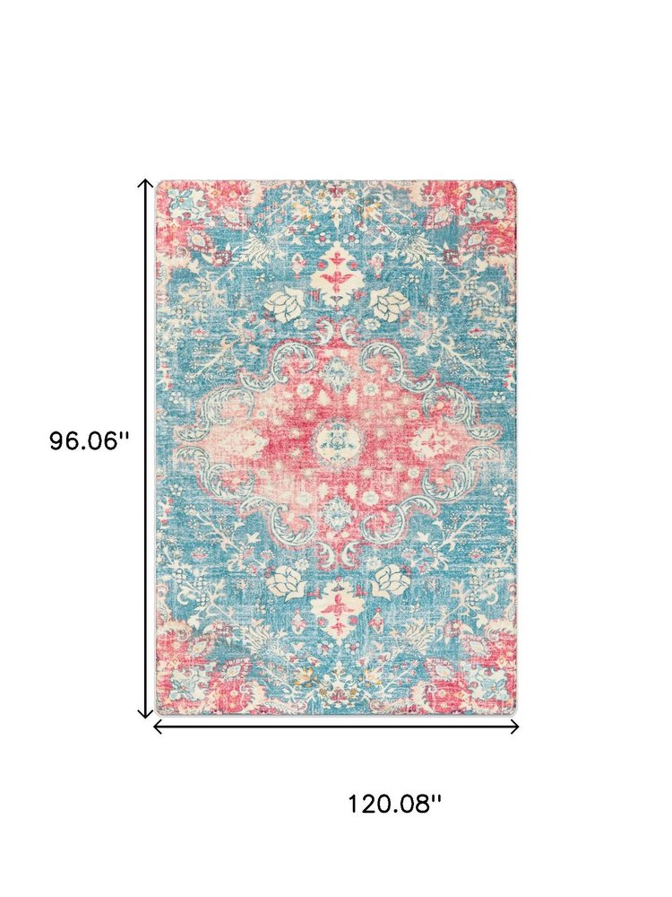 8' X 10' Blue Pink and Ivory Medallion Distressed Area Rug