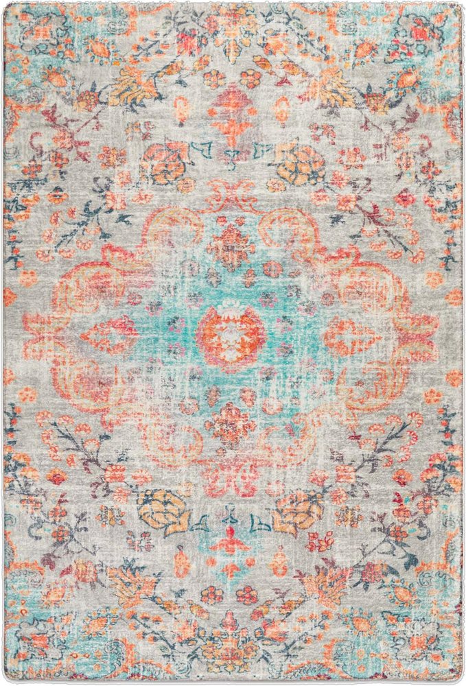 4' X 6' Teal Orange and Ivory Medallion Area Rug