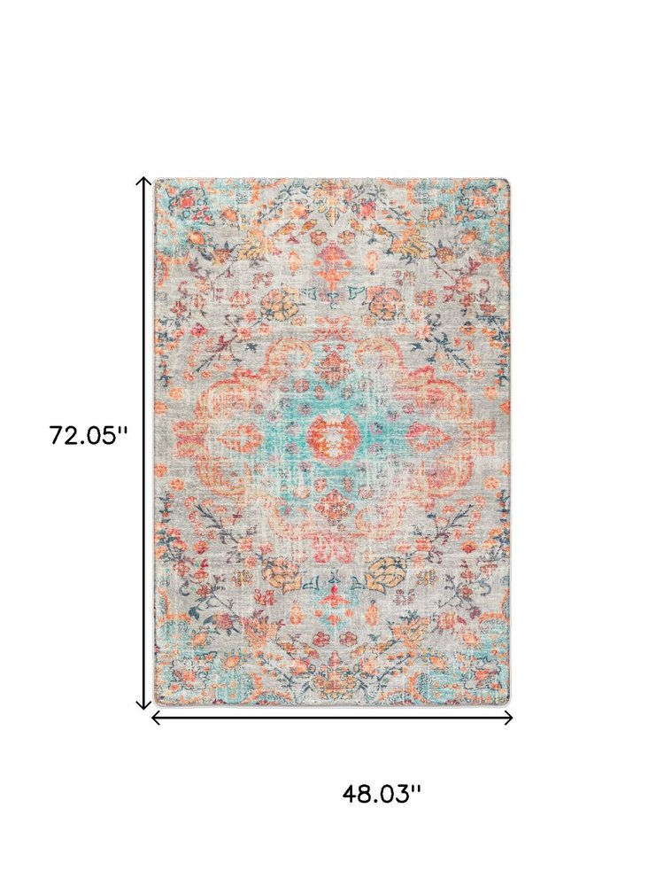 4' X 6' Teal Orange and Ivory Medallion Area Rug