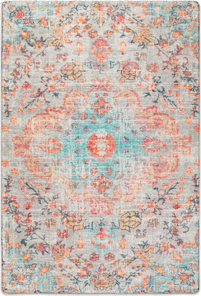 4' X 6' Teal Orange and Ivory Medallion Area Rug