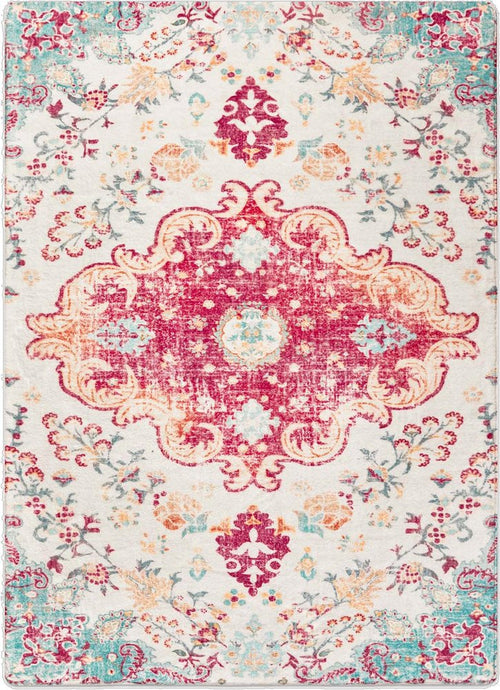 8' X 10' Pink Blue and Beige Medallion Distressed Area Rug