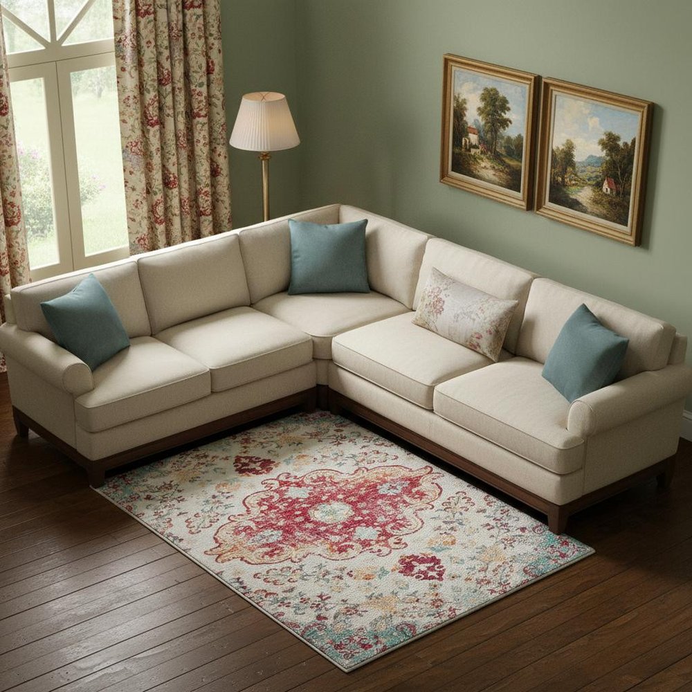8' X 10' Pink Blue and Beige Medallion Distressed Area Rug
