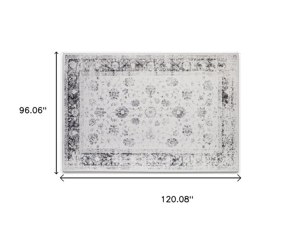 8' X 10' Charcoal and Ivory Floral Distressed Area Rug