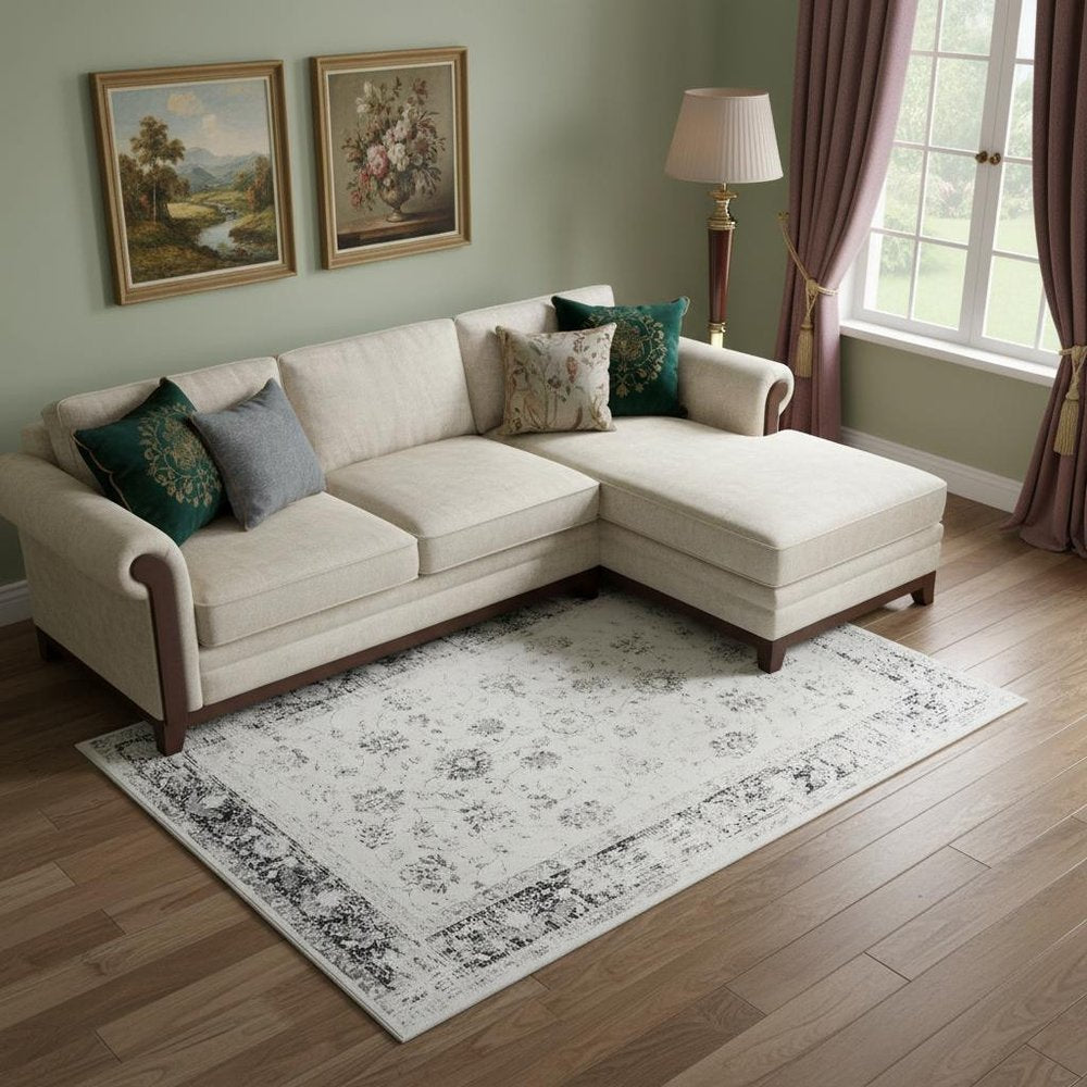 8' X 10' Charcoal and Ivory Floral Distressed Area Rug