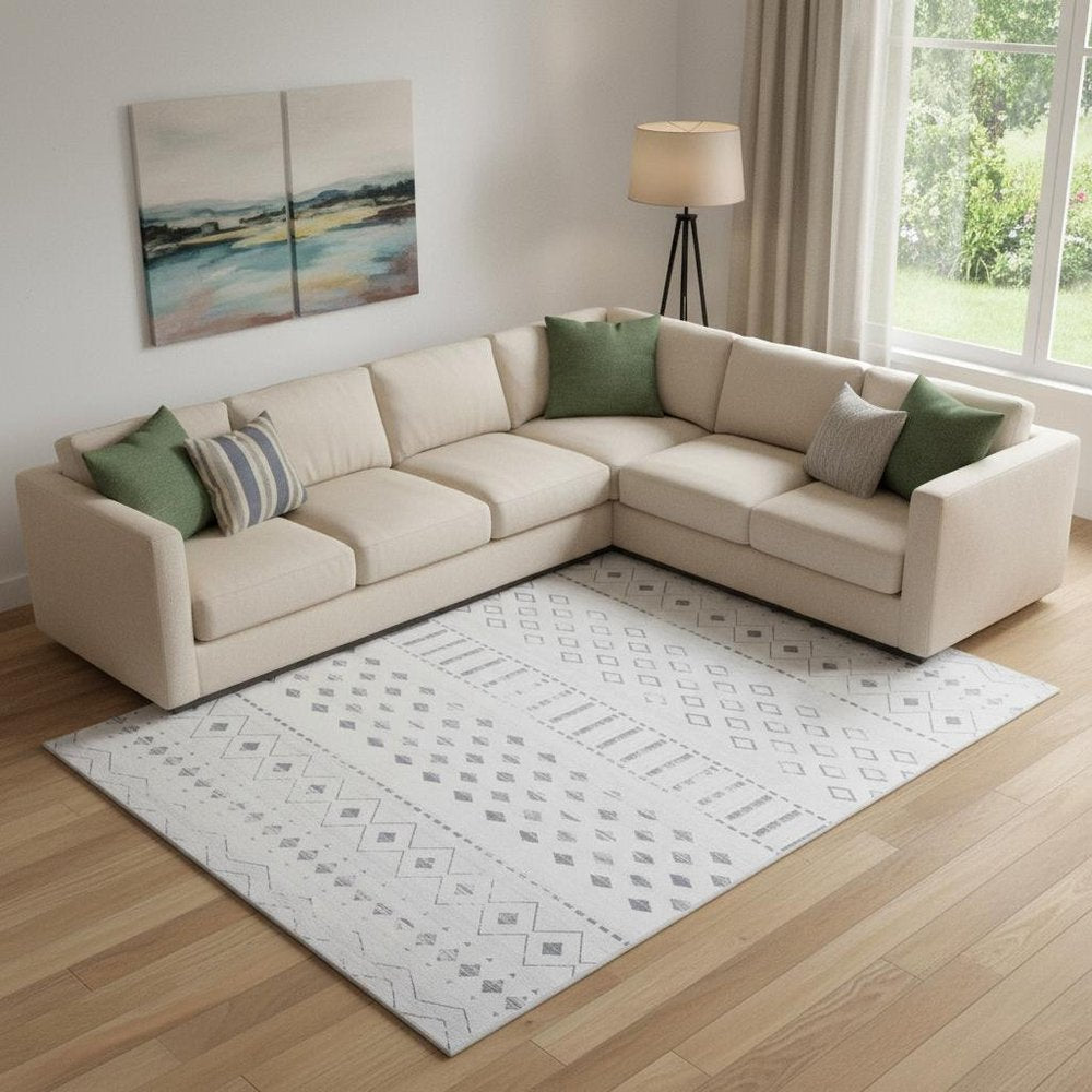 6' X 9' Ivory and Gray Geometric Distressed Area Rug