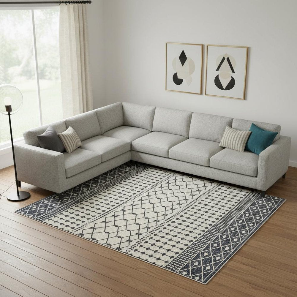 8' X 10' White and Charcoal Geometric Area Rug