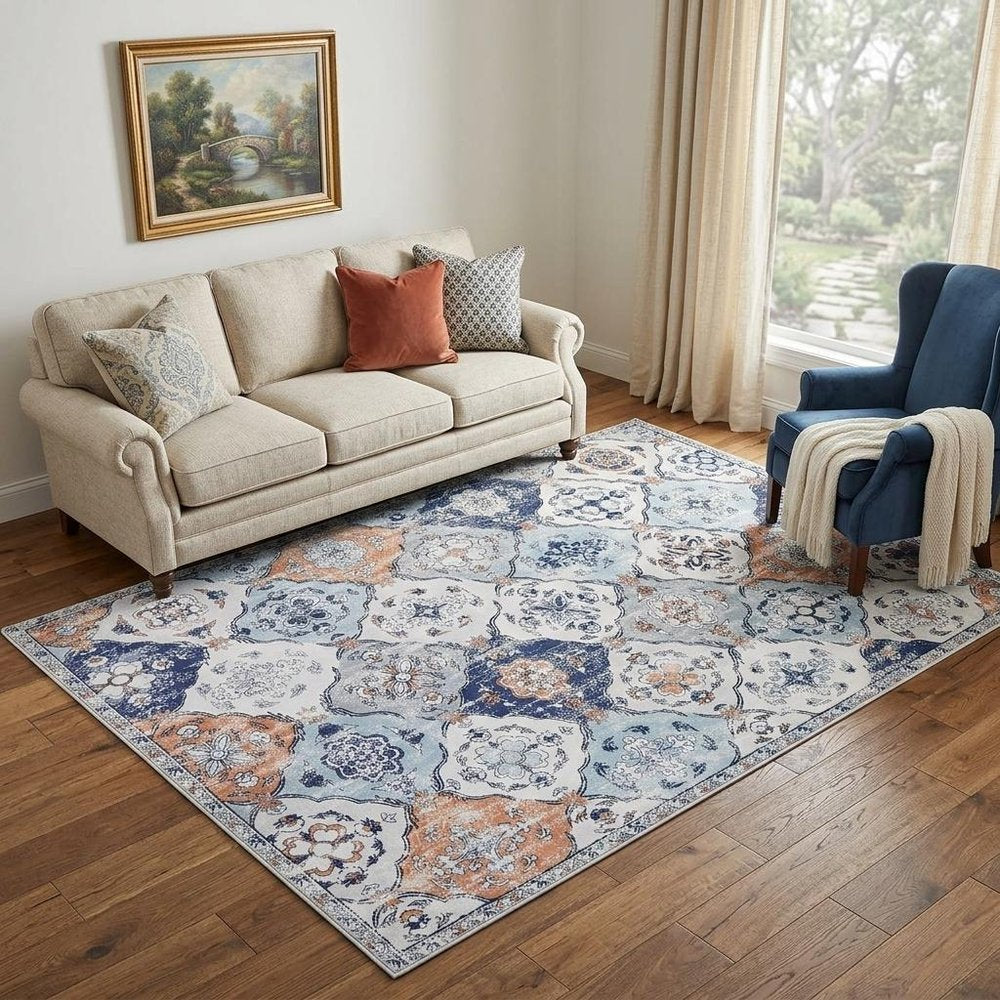 5' X 7' Ivory Navy Blue and Terra Cotta Quatrefoil Distressed Area Rug