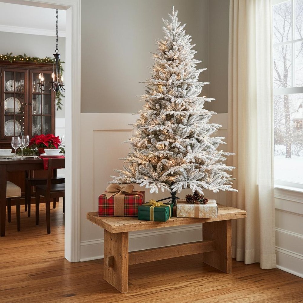 4' White Pre Lit Full Flocked Pine Christmas Tree with Decorations
