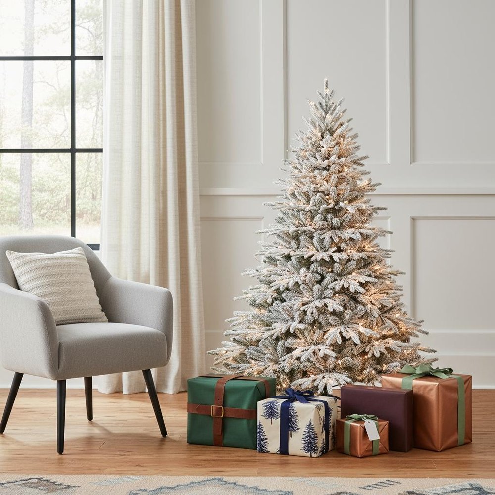 4' White Pre Lit Full Flocked Pine Christmas Tree with Decorations