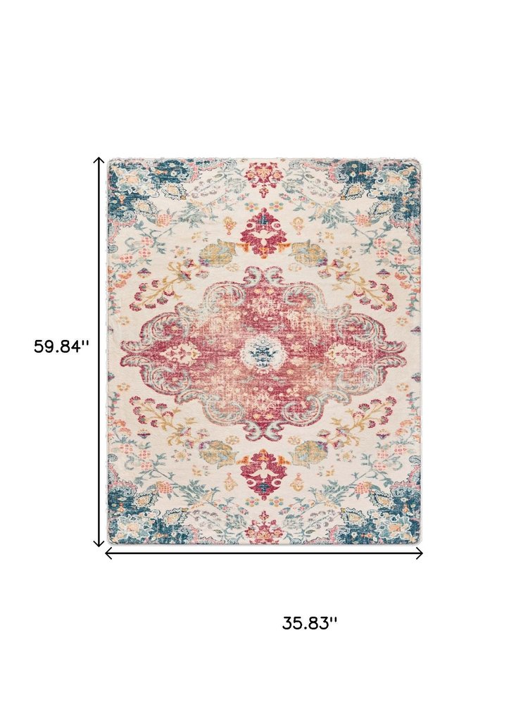 3' X 5' Ivory Pink and Blue Medallion Distressed Washable Area Rug