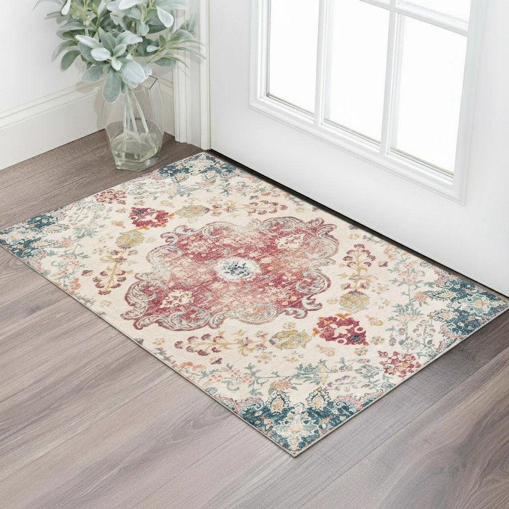 3' X 5' Ivory Pink and Blue Medallion Distressed Washable Area Rug