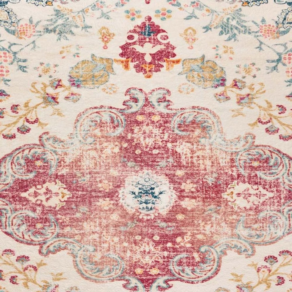 3' X 5' Ivory Pink and Blue Medallion Distressed Washable Area Rug