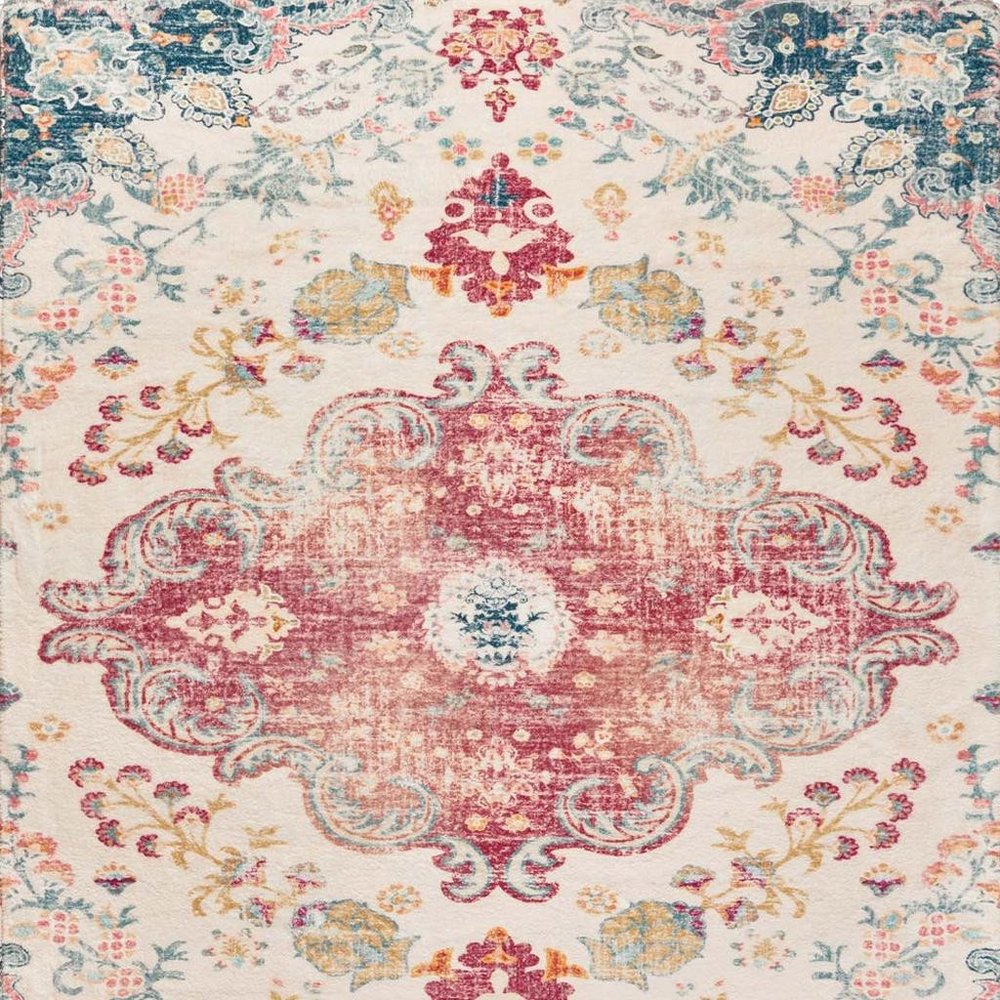 3' X 5' Ivory Pink and Blue Medallion Distressed Washable Area Rug