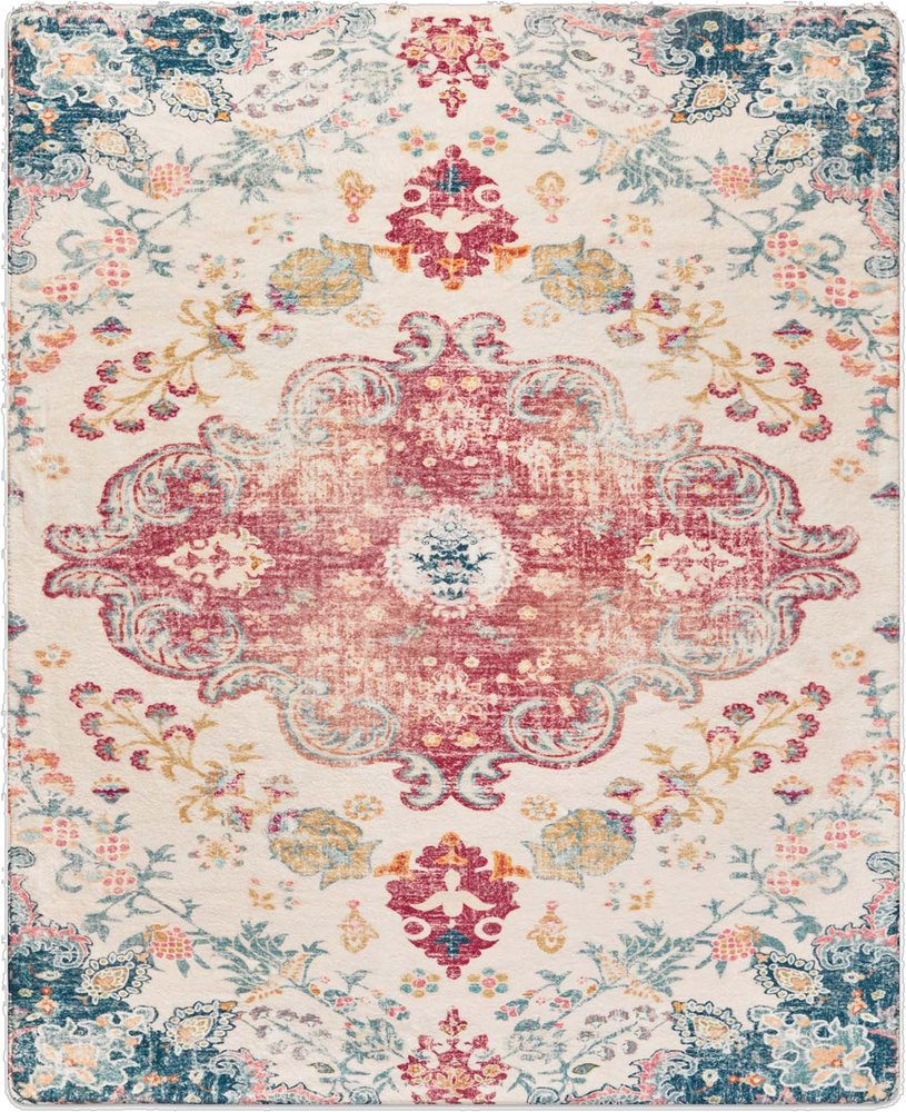 3' X 5' Ivory Pink and Blue Medallion Distressed Washable Area Rug
