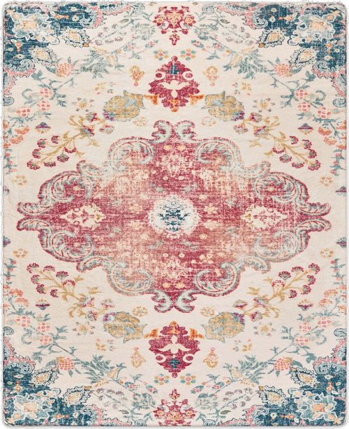 3' X 5' Ivory Pink and Blue Medallion Distressed Washable Area Rug