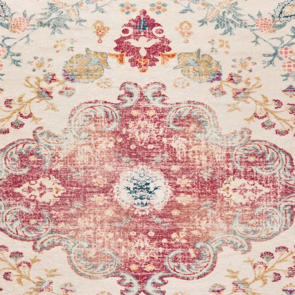 3' X 5' Ivory Pink and Blue Medallion Distressed Washable Area Rug