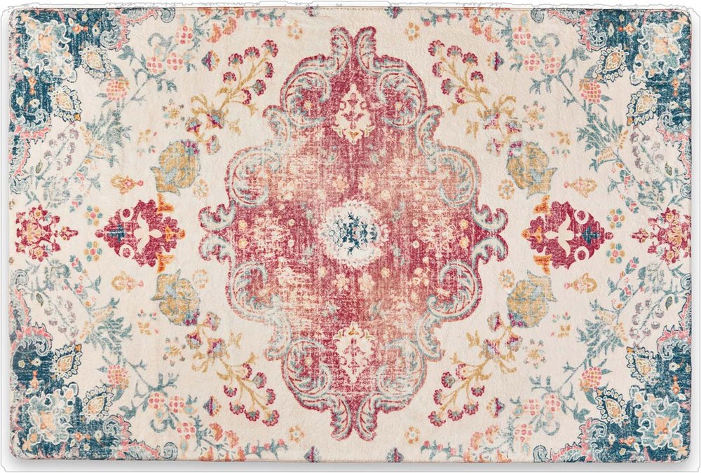 3' X 5' Ivory Pink and Blue Medallion Distressed Washable Area Rug