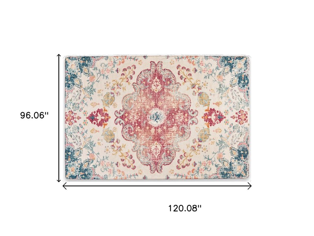 3' X 5' Ivory Pink and Blue Medallion Distressed Washable Area Rug