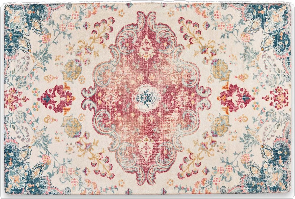3' X 5' Ivory Pink and Blue Medallion Distressed Washable Area Rug