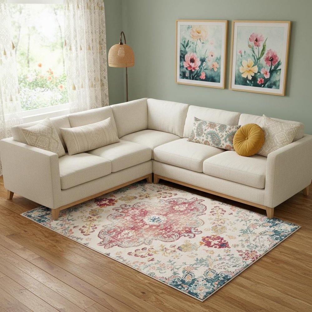 3' X 5' Ivory Pink and Blue Medallion Distressed Washable Area Rug