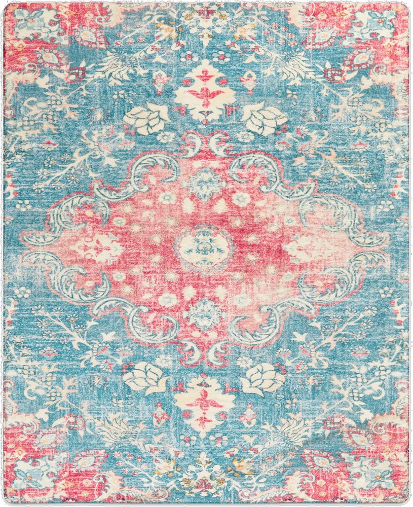 3' X 5' Ivory Pink and Aqua Medallion Distressed Washable Area Rug