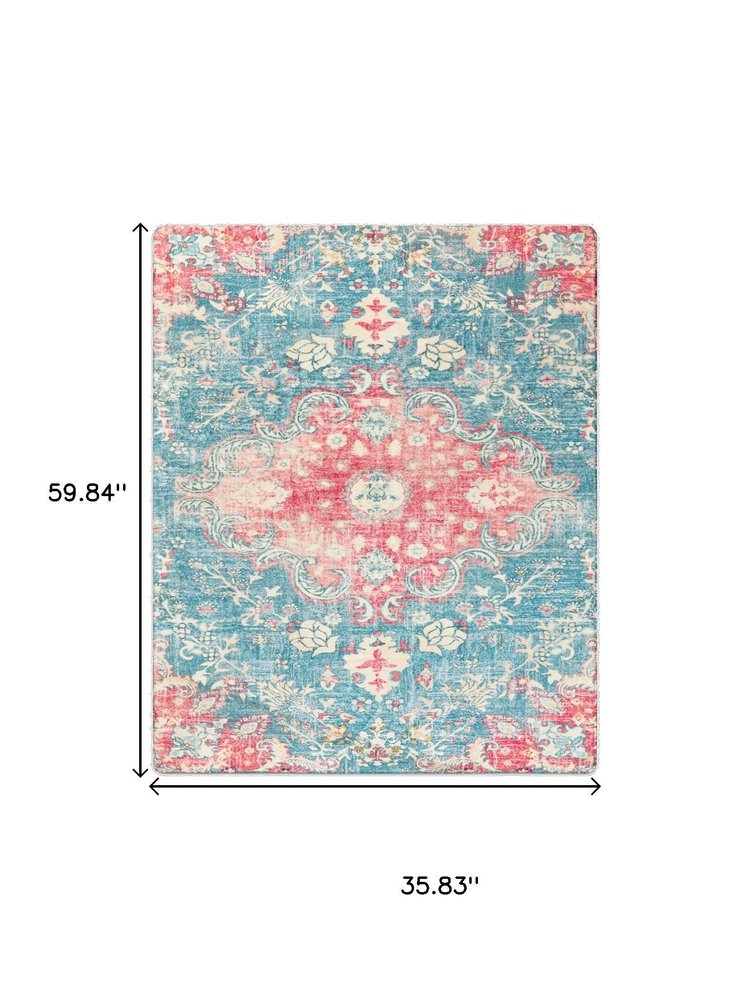 3' X 5' Ivory Pink and Aqua Medallion Distressed Washable Area Rug