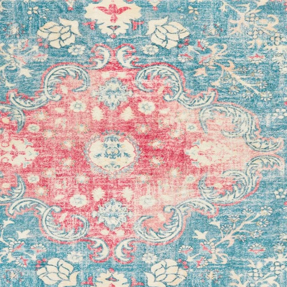 3' X 5' Ivory Pink and Aqua Medallion Distressed Washable Area Rug
