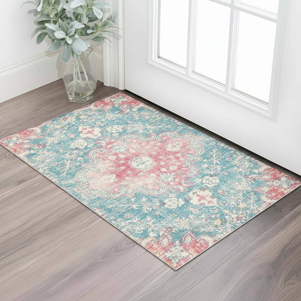 3' X 5' Ivory Pink and Aqua Medallion Distressed Washable Area Rug