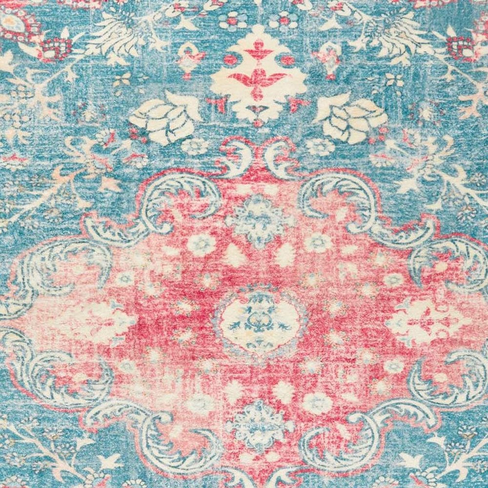 3' X 5' Ivory Pink and Aqua Medallion Distressed Washable Area Rug