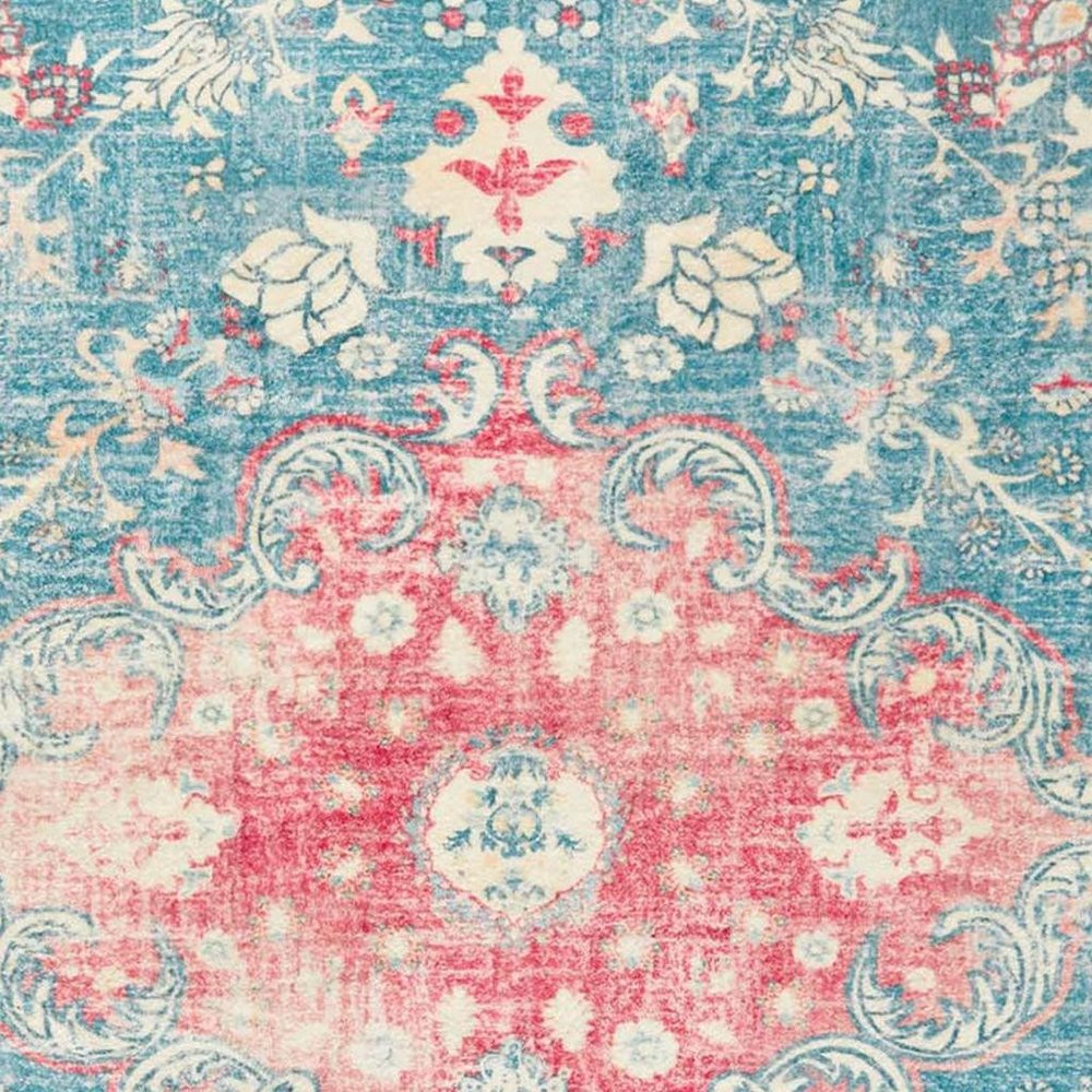 3' X 5' Ivory Pink and Aqua Medallion Distressed Washable Area Rug