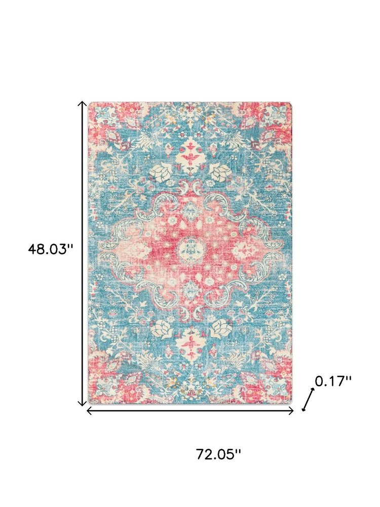 3' X 5' Ivory Pink and Aqua Medallion Distressed Washable Area Rug