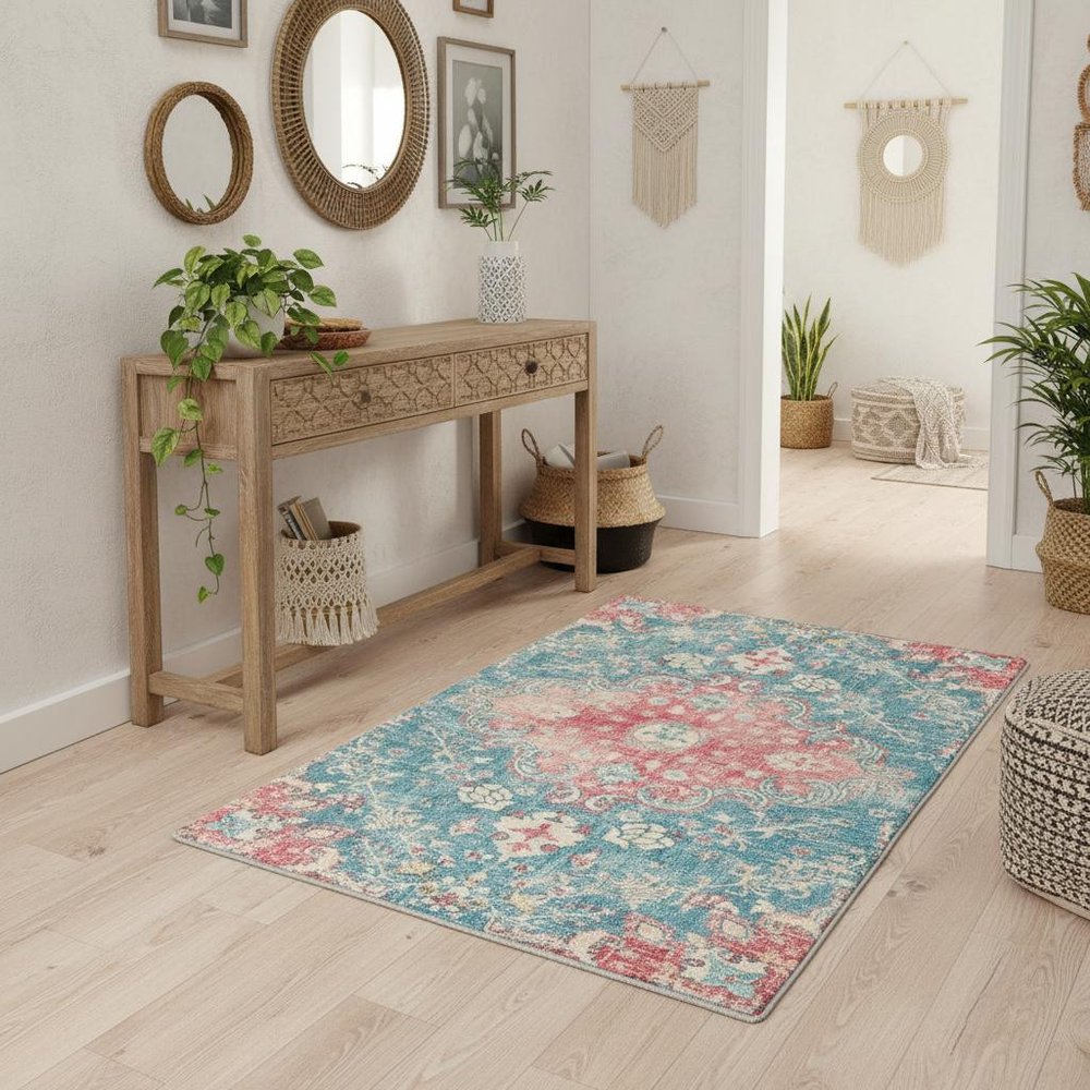 3' X 5' Ivory Pink and Aqua Medallion Distressed Washable Area Rug