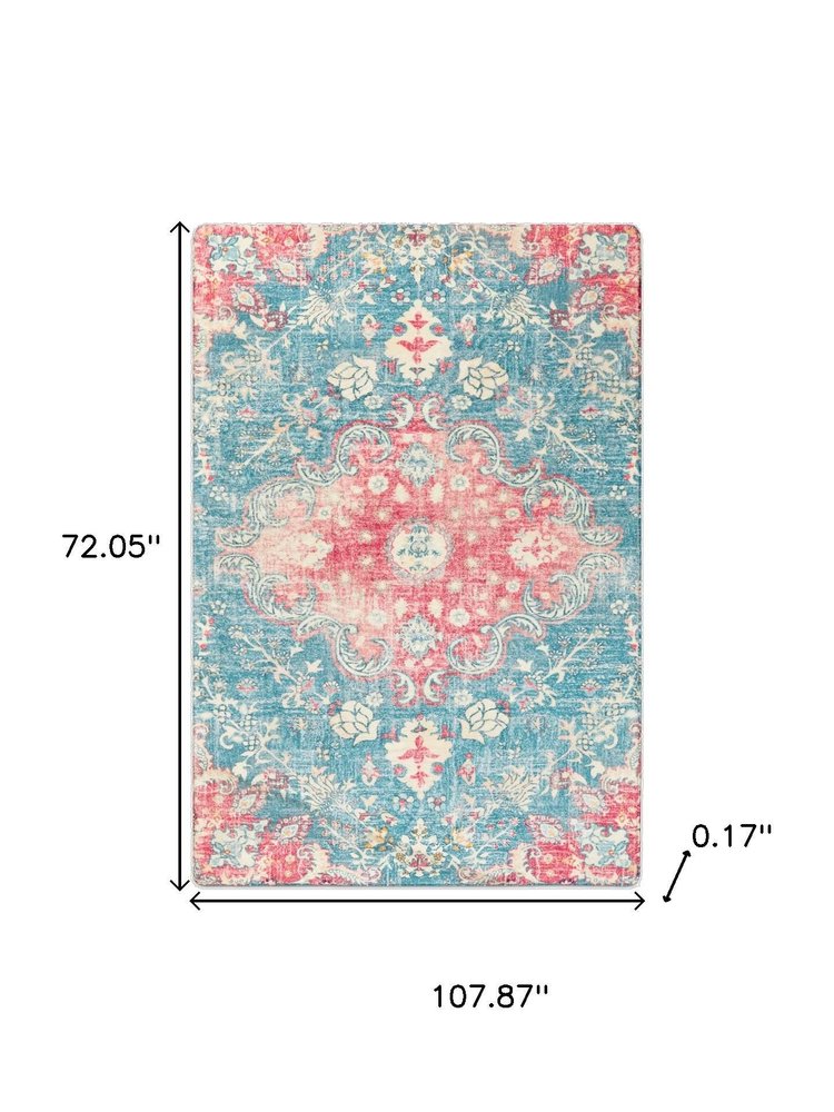 3' X 5' Ivory Pink and Aqua Medallion Distressed Washable Area Rug