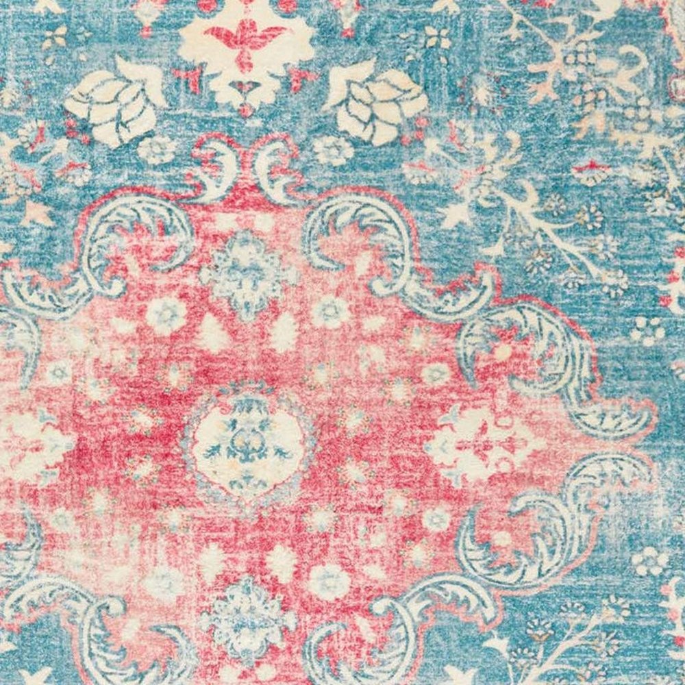 3' X 5' Ivory Pink and Aqua Medallion Distressed Washable Area Rug