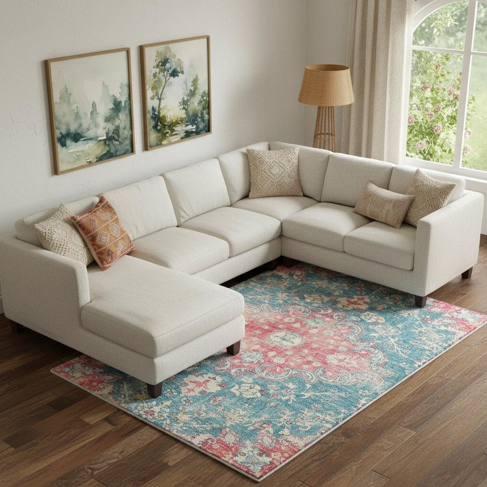 3' X 5' Ivory Pink and Aqua Medallion Distressed Washable Area Rug