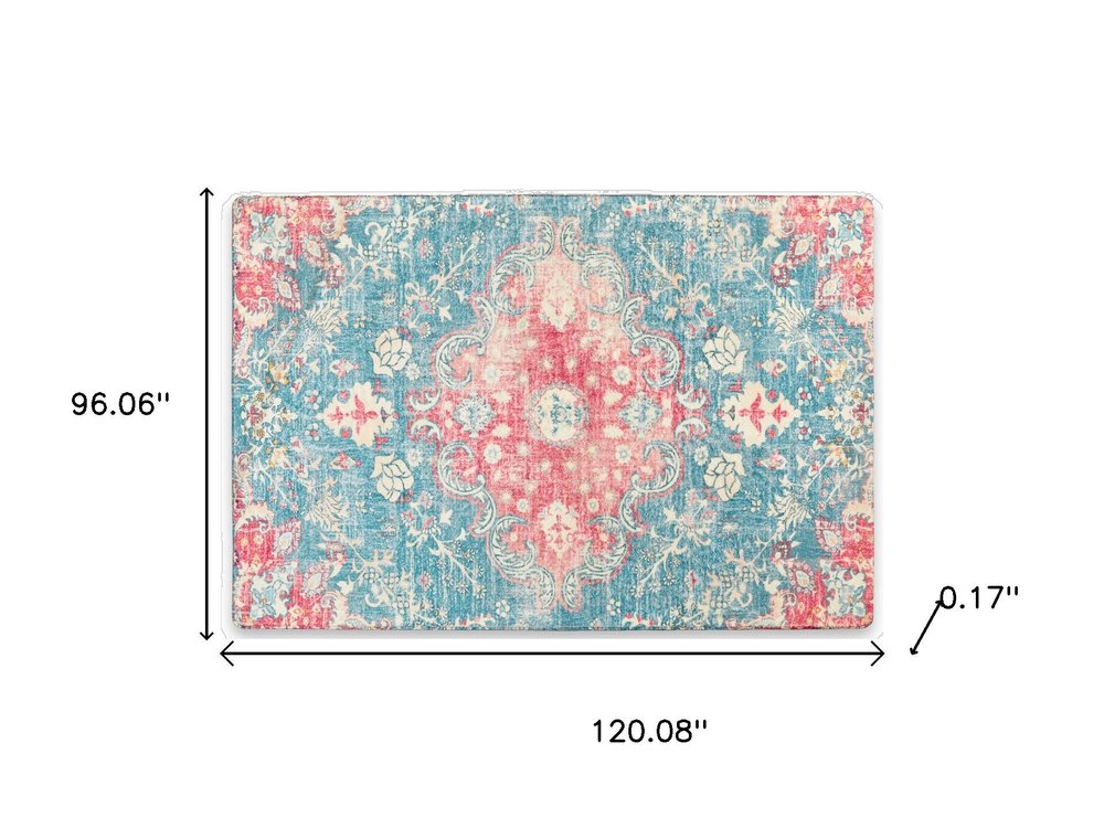 3' X 5' Ivory Pink and Aqua Medallion Distressed Washable Area Rug